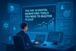 A futuristic workspace with digital marketing dashboards and AI tools.