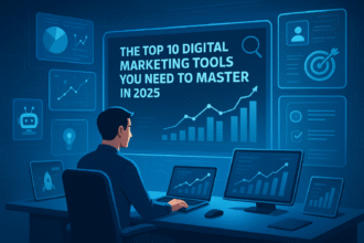 A futuristic workspace with digital marketing dashboards and AI tools.