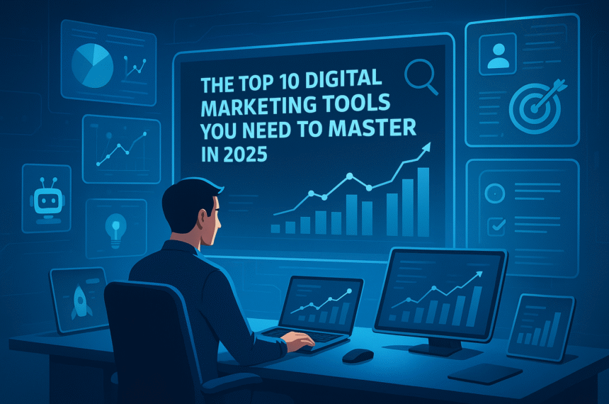 A futuristic workspace with digital marketing dashboards and AI tools.